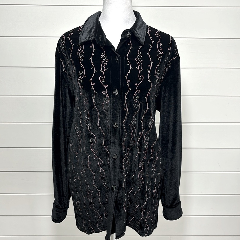 Disney Catalog Black Velvet‎ Embroidered Mickey Mouse Button Down Shirt Womens S